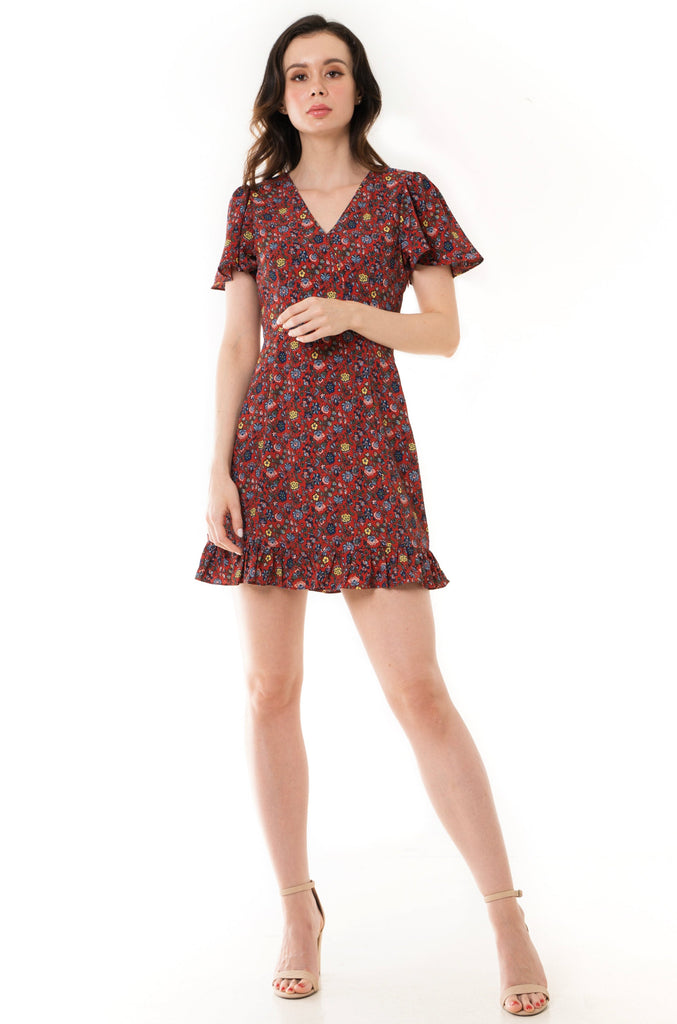 Dayze Camellia Maroon Floral Printed Front Wrap Dress