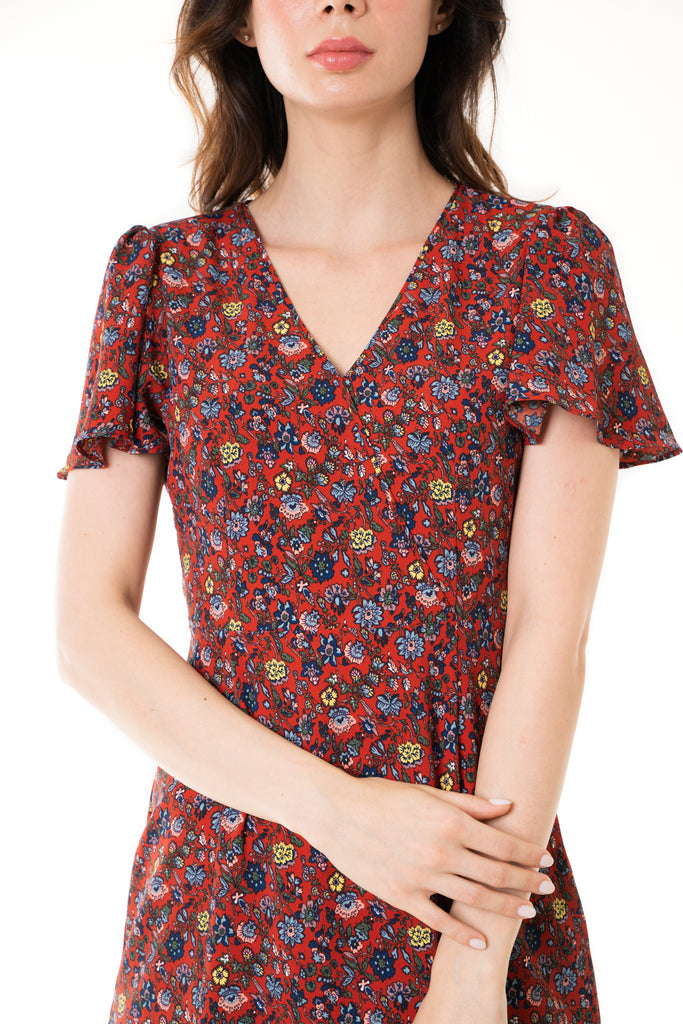 Dayze Camellia Maroon Floral Printed Front Wrap Dress