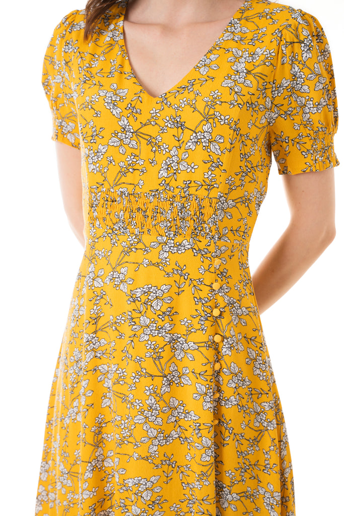 Dayze Willow Yellow Floral Puff Sleeves Front Side Slit Midi Dress