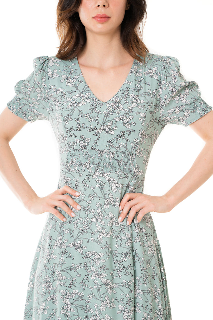 Dayze Willow Sage Green Floral Puff Sleeves Front Side Slit Midi Dress