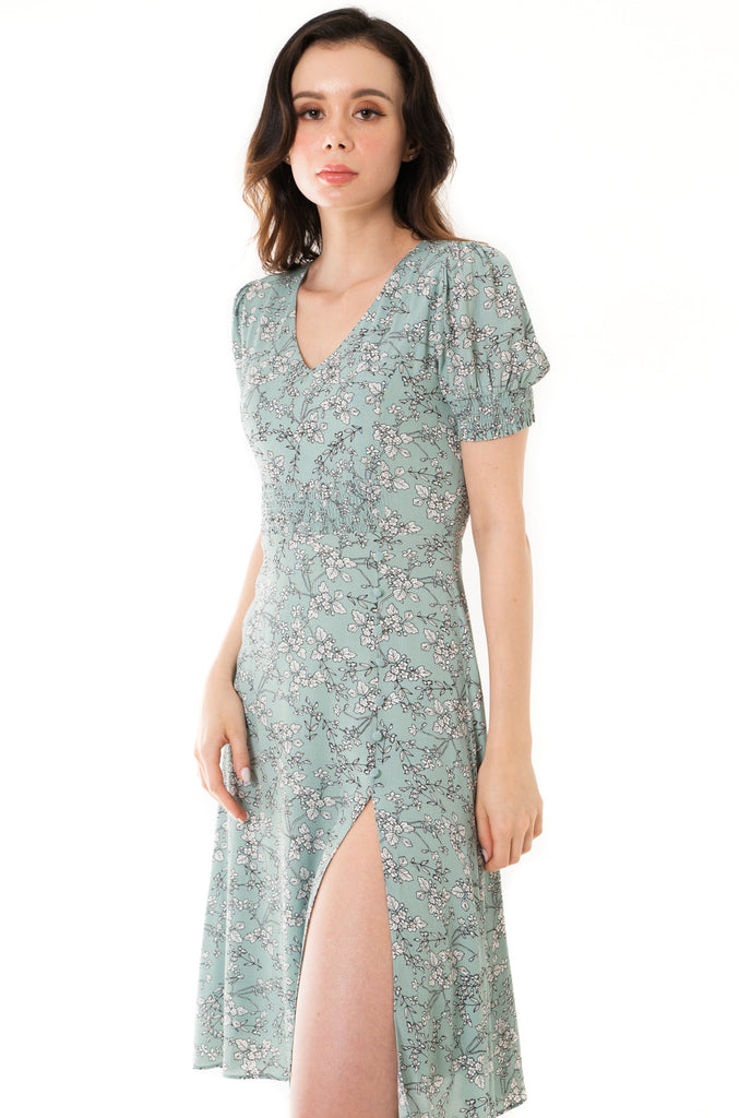Dayze Willow Sage Green Floral Puff Sleeves Front Side Slit Midi Dress