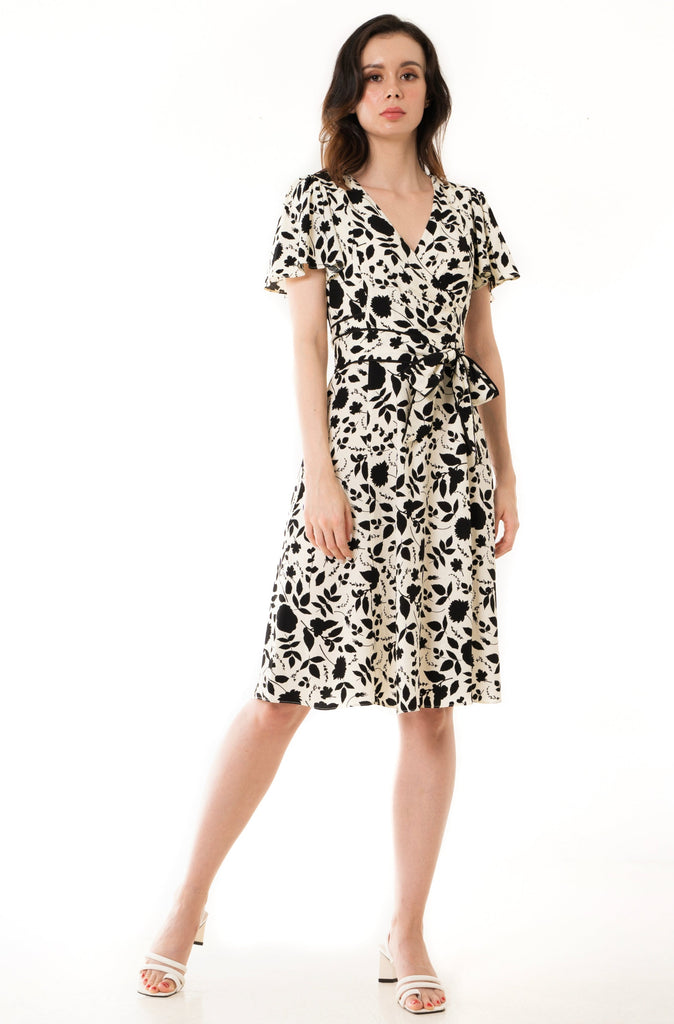 Dayze Dahlia Front Wrap Floral Printed Belted Midi Dress in Off White and Black