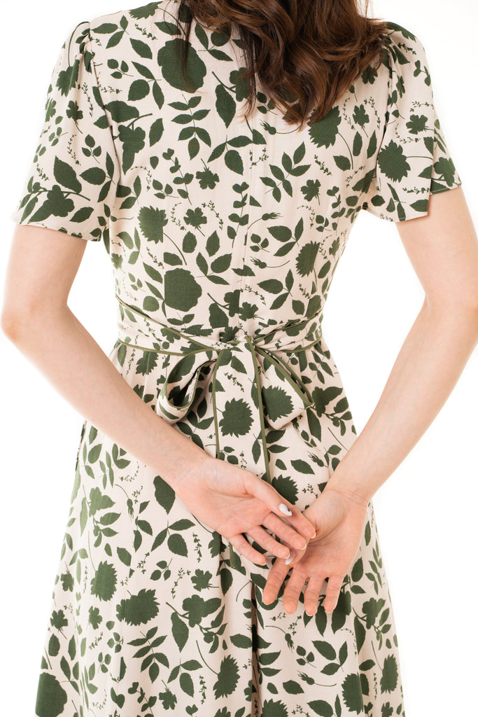 Dayze Dahlia Front Wrap Floral Printed Belted Midi Dress in Off White and Green