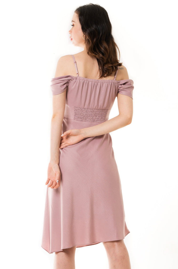 Dayze Elza Dusty Pink Midi Dress with Cold Shoulders and Front Slit
