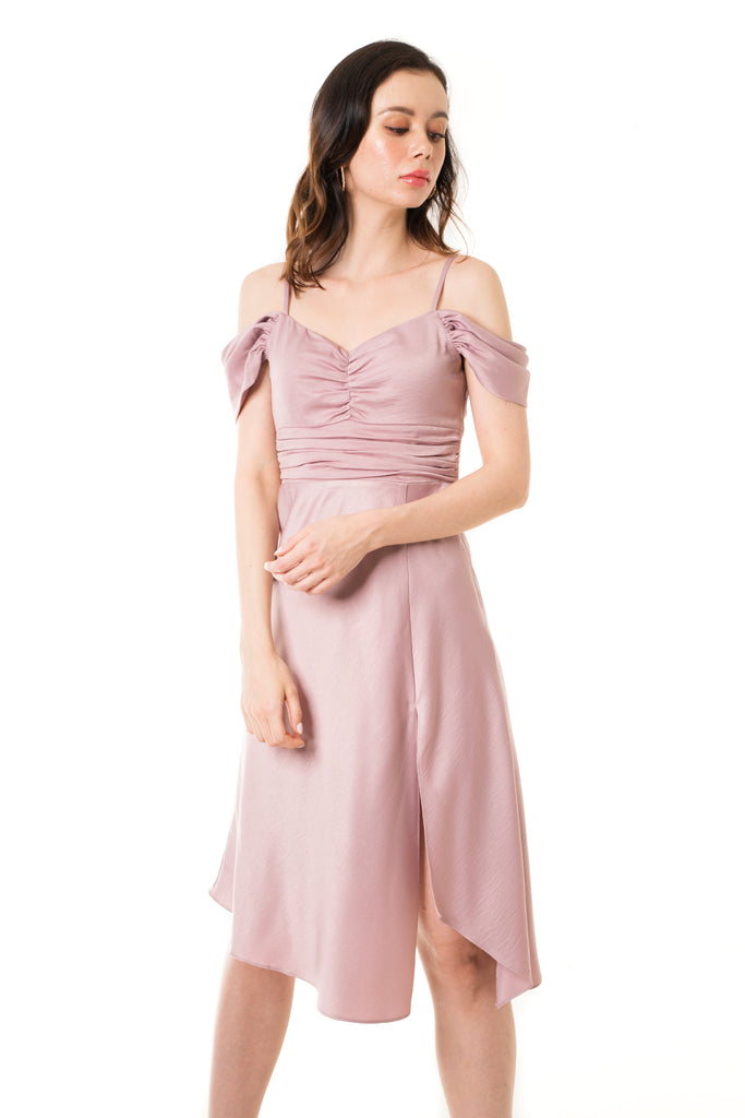 Dayze Elza Dusty Pink Midi Dress with Cold Shoulders and Front Slit