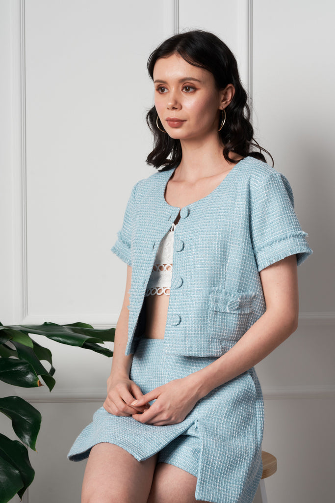 Dayze Audrey Light Blue Cropped Tweed Blouse