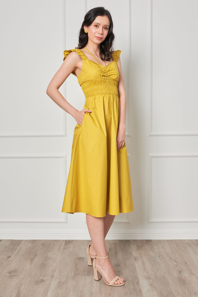Dayze Gisele Mustard Yellow Ruched Waist Multi Way Tie Midi Dress